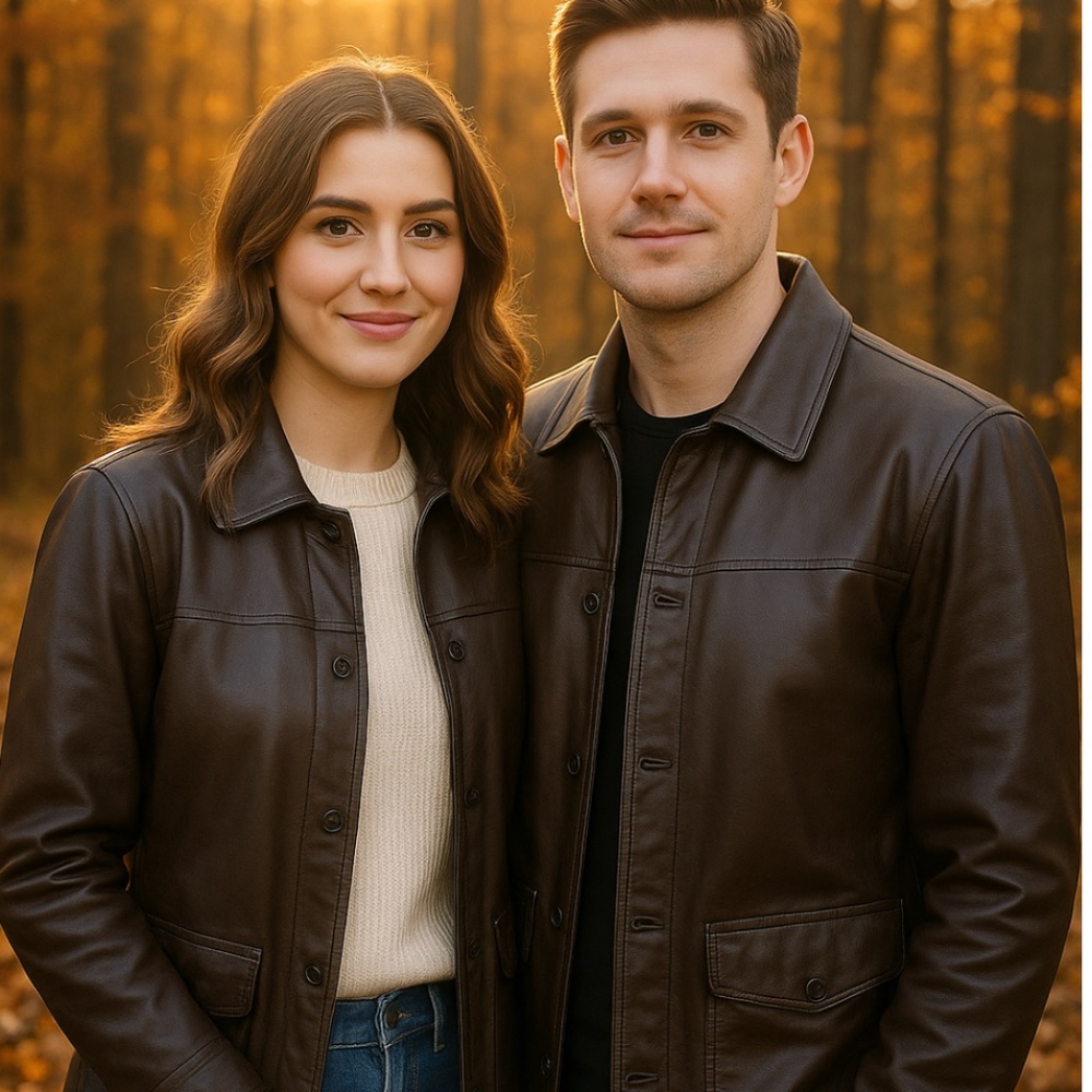 Unisex vintage Leather Barn Jacket Coat Sheepskin Collar Removable Brown M